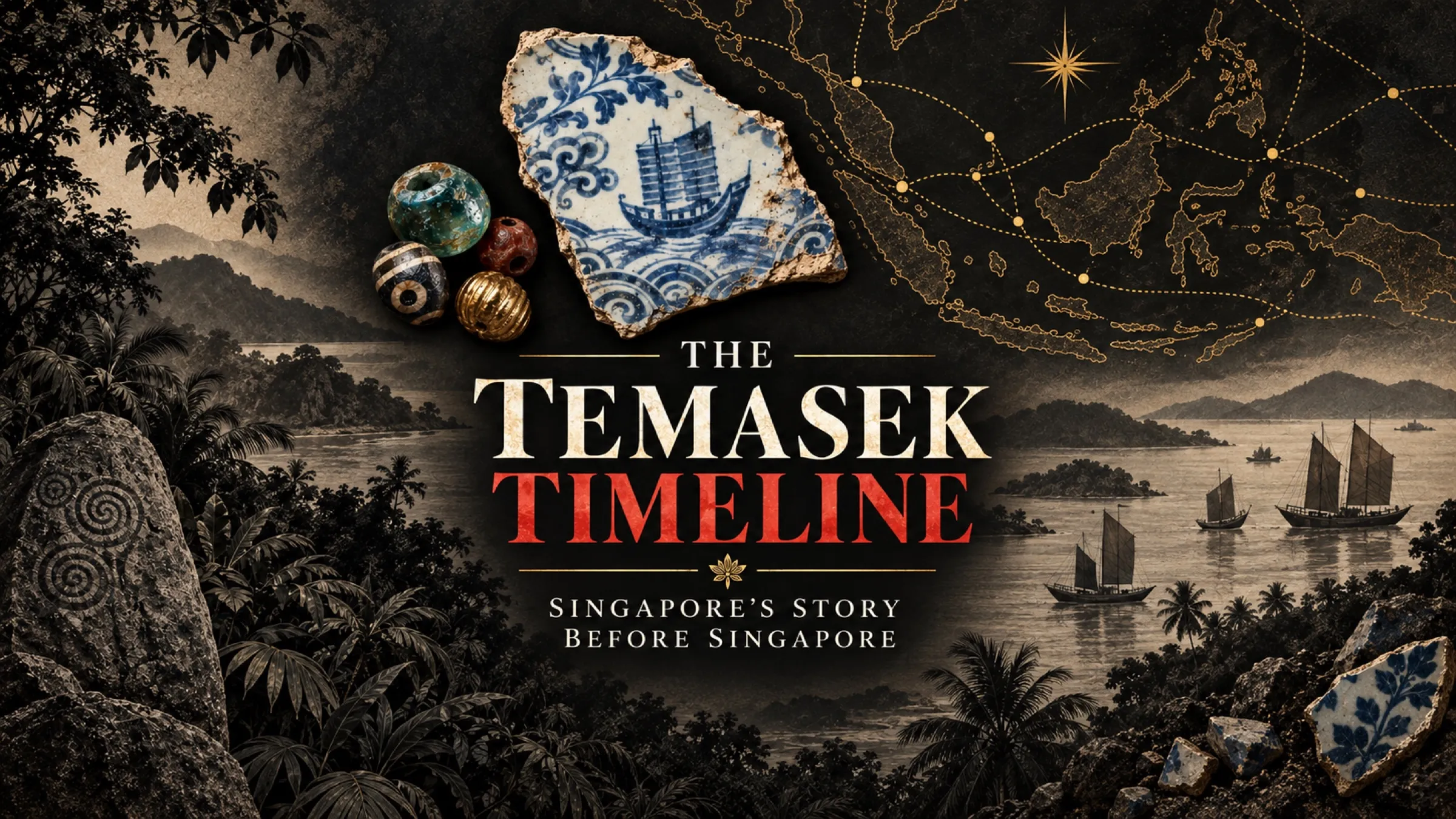 The Temasek Timeline: Singapore's story before Singapore. A blue-and-white ceramic shard, glass beads and a star map above a jungle bay with sailing ships.